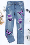 Women's Butterfly Denim Pant Casual Loose High Waist Wide Leg Jeans