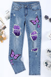 LC7872080-4-S, LC7872080-4-M, LC7872080-4-L, LC7872080-4-XL, LC7872080-4-2XL, Sky Blue Women's Butterfly Denim Pant Casual Loose High Waist Wide Leg Jeans