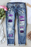 Womens Butterfly Be Kind Print Jeans Ripped Distressed Denim Pants