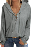 Women's V Neck Lace Up Criss Cross Long Sleeve Drawstring Pullover Sweatshirts Tops