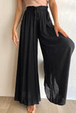 LC7711508-2-S, LC7711508-2-M, LC7711508-2-L, LC7711508-2-XL, Black Drawstring Smocked High Waist Wide Leg Pants