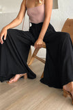LC7711508-2-S, LC7711508-2-M, LC7711508-2-L, LC7711508-2-XL, Black Drawstring Smocked High Waist Wide Leg Pants