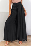 LC7711508-2-S, LC7711508-2-M, LC7711508-2-L, LC7711508-2-XL, Black Drawstring Smocked High Waist Wide Leg Pants