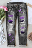 Butterfly Glitter Denim Pants Patchwork Acid Wash Distressed Jeans