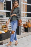 LC2722374-11-S, LC2722374-11-M, LC2722374-11-L, LC2722374-11-XL, LC2722374-11-2XL, Gray Ripped Raw Hem Chunky Pullover Sweater
