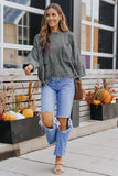 LC2722374-11-S, LC2722374-11-M, LC2722374-11-L, LC2722374-11-XL, LC2722374-11-2XL, Gray Ripped Raw Hem Chunky Pullover Sweater