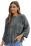 LC2722374-11-S, LC2722374-11-M, LC2722374-11-L, LC2722374-11-XL, LC2722374-11-2XL, Gray Ripped Raw Hem Chunky Pullover Sweater