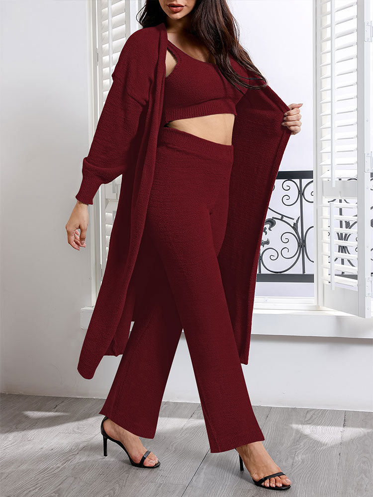 Womens Sexy 3 Piece Outfits Fuzzy Cardigan Crop Top Long Pants Set