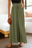 LC7711508-9-S, LC7711508-9-M, LC7711508-9-L, LC7711508-9-XL, Green Drawstring Smocked High Waist Wide Leg Pants
