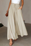 LC7711508-15-S, LC7711508-15-M, LC7711508-15-L, LC7711508-15-XL, Beige Drawstring Smocked High Waist Wide Leg Pants