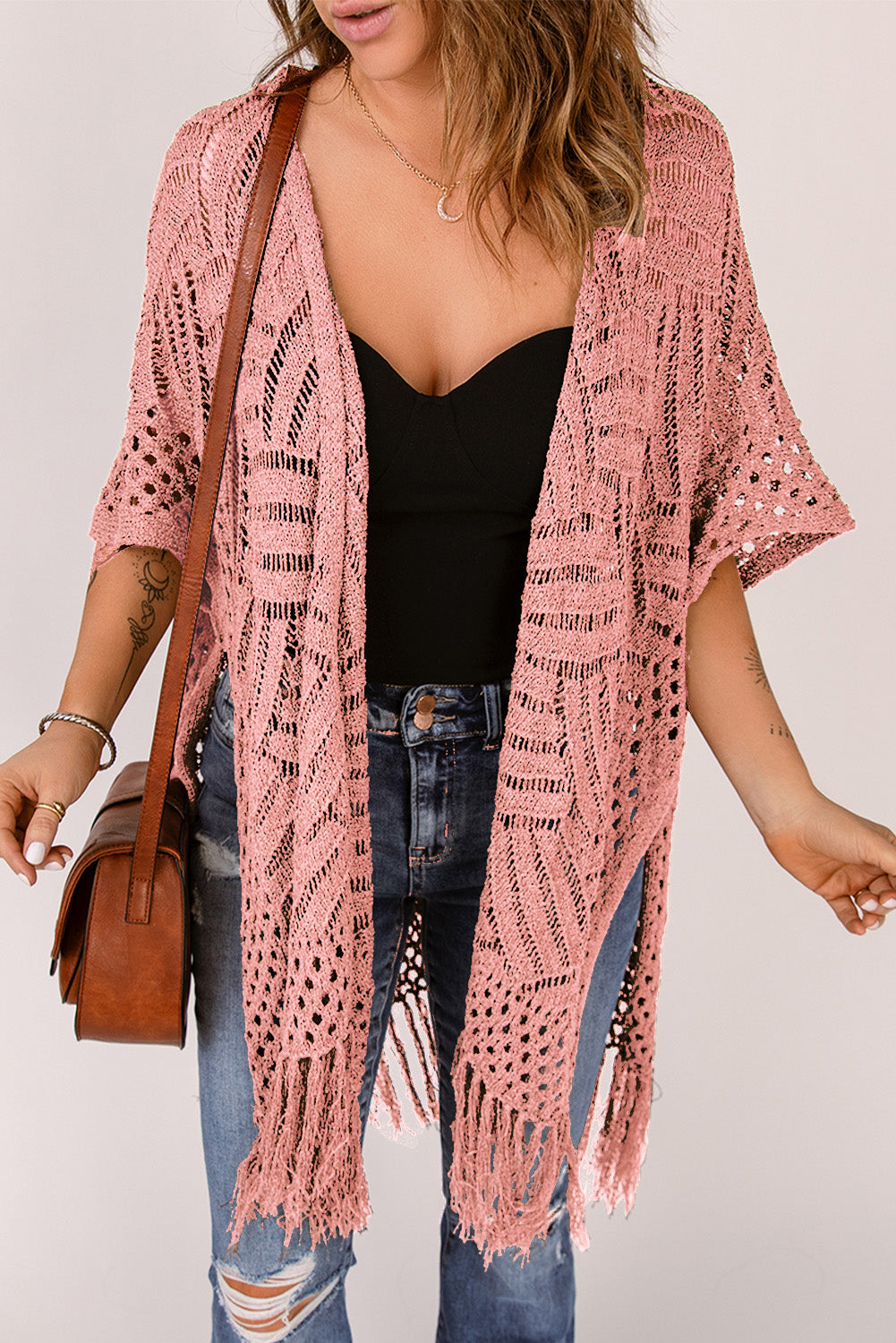 LC2541328-10, Pink Loose Knitwear Kimono with Slits