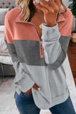 LC2539002-11-S, LC2539002-11-M, LC2539002-11-L, LC2539002-11-XL, LC2539002-11-2XL, Gray Triple Colorblock Zipper Sweatshirt   Colorblock Leopard Zipper Sweatshirt