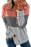 LC2539002-11-S, LC2539002-11-M, LC2539002-11-L, LC2539002-11-XL, LC2539002-11-2XL, Gray Triple Colorblock Zipper Sweatshirt   Colorblock Leopard Zipper Sweatshirt