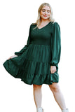 PL61155-9-1X, PL61155-9-2X, PL61155-9-3X, PL61155-9-4X, PL61155-9-5X, Green Plus Size Puff Sleeve Smocked Tiered Dress