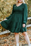 PL61155-9-1X, PL61155-9-2X, PL61155-9-3X, PL61155-9-4X, PL61155-9-5X, Green Plus Size Puff Sleeve Smocked Tiered Dress