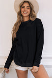 LC25115662-2-S, LC25115662-2-M, LC25115662-2-L, LC25115662-2-XL, LC25115662-2-2XL, Black Crew Neck Ribbed Trim Waffle Knit Top