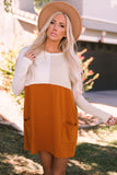 LC25116711-14-S, LC25116711-14-M, LC25116711-14-L, LC25116711-14-XL, LC25116711-14-2XL, Orange Pocketed Color Block Patchwork Long Sleeve Top