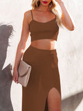 LC63830-16-S, LC63830-16-M, LC63830-16-L, LC63830-16-XL, LC63830-16-XS, Khaki Women's Knit 2 Piece Dress Cami Crop Top High Side Slit Bodycon Long Skirt Set