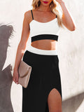 LC63830-102-S, LC63830-102-M, LC63830-102-L, LC63830-102-XL, LC63830-102-XS, Black Women's Knit 2 Piece Dress Cami Crop Top High Side Slit Bodycon Long Skirt Set