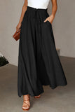 LC7711508-2-S, LC7711508-2-M, LC7711508-2-L, LC7711508-2-XL, Black Drawstring Smocked High Waist Wide Leg Pants