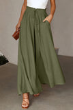 LC7711508-9-S, LC7711508-9-M, LC7711508-9-L, LC7711508-9-XL, Green Drawstring Smocked High Waist Wide Leg Pants