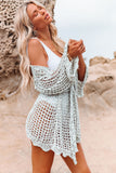 LC2541365-4, Sky Blue Knit Crochet Open Front Beach Cover Up with Tie