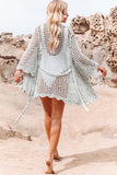 LC2541365-4, Sky Blue Knit Crochet Open Front Beach Cover Up with Tie