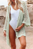 LC2541365-9, Green Knit Crochet Open Front Beach Cover Up with Tie