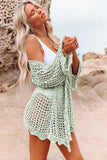 LC2541365-9, Green Knit Crochet Open Front Beach Cover Up with Tie