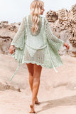 LC2541365-9, Green Knit Crochet Open Front Beach Cover Up with Tie