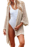 LC2541365-18, Apricot Knit Crochet Open Front Beach Cover Up with Tie