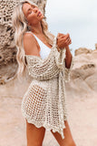 LC2541365-18, Apricot Knit Crochet Open Front Beach Cover Up with Tie