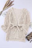 LC2541365-18, Apricot Knit Crochet Open Front Beach Cover Up with Tie