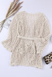 LC2541365-18, Apricot Knit Crochet Open Front Beach Cover Up with Tie