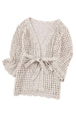 LC2541365-18, Apricot Knit Crochet Open Front Beach Cover Up with Tie