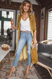 LC2541539-7-S, LC2541539-7-M, LC2541539-7-L, LC2541539-7-XL, LC2541539-7-2XL, Yellow Velvet Open Front Pocketed Long Cardigan