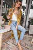 LC2541539-7-S, LC2541539-7-M, LC2541539-7-L, LC2541539-7-XL, LC2541539-7-2XL, Yellow Velvet Open Front Pocketed Long Cardigan