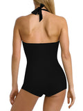 Women's One Piece Tummy Control Swimwear Boyleg Backless Ruched Swimsuit