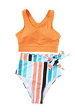 LC433055-1014-S, LC433055-1014-M, LC433055-1014-L, LC433055-1014-XL, Orange Floral Printed Lace Up Two Piece Swimsuit High Waisted Bottom Bikini Set