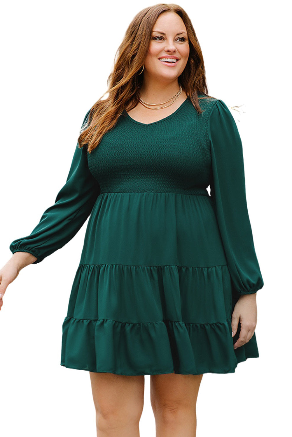 PL61155-9-1X, PL61155-9-2X, PL61155-9-3X, PL61155-9-4X, PL61155-9-5X, Green Plus Size Puff Sleeve Smocked Tiered Dress