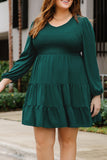 PL61155-9-1X, PL61155-9-2X, PL61155-9-3X, PL61155-9-4X, PL61155-9-5X, Green Plus Size Puff Sleeve Smocked Tiered Dress