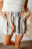 LC731190-19-S, LC731190-19-M, LC731190-19-L, LC731190-19-XL, Stripe Vintage Washed Elastic Frill Waist Casual Shorts