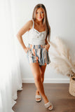 LC731190-19-S, LC731190-19-M, LC731190-19-L, LC731190-19-XL, Stripe Vintage Washed Elastic Frill Waist Casual Shorts