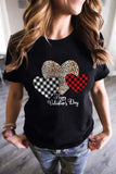 LC25219286-2-S, LC25219286-2-M, LC25219286-2-L, LC25219286-2-XL, LC25219286-2-2XL, Black Valentine's Day T-Shirt Leopard Plaid Hearts Graphic Tees