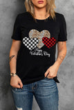 LC25219286-2-S, LC25219286-2-M, LC25219286-2-L, LC25219286-2-XL, LC25219286-2-2XL, Black Valentine's Day T-Shirt Leopard Plaid Hearts Graphic Tees