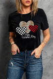 LC25219286-2-S, LC25219286-2-M, LC25219286-2-L, LC25219286-2-XL, LC25219286-2-2XL, Black Valentine's Day T-Shirt Leopard Plaid Hearts Graphic Tees