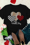 LC25219286-2-S, LC25219286-2-M, LC25219286-2-L, LC25219286-2-XL, LC25219286-2-2XL, Black Valentine's Day T-Shirt Leopard Plaid Hearts Graphic Tees