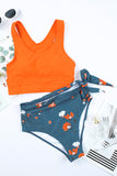 LC433055-14-S, LC433055-14-M, LC433055-14-L, LC433055-14-XL, Orange Floral Printed Lace Up Two Piece Swimsuit High Waisted Bottom Bikini Set