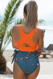 LC433055-14-S, LC433055-14-M, LC433055-14-L, LC433055-14-XL, Orange Floral Printed Lace Up Two Piece Swimsuit High Waisted Bottom Bikini Set