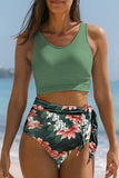 LC433055-9-S, LC433055-9-M, LC433055-9-L, LC433055-9-XL, Green Floral Printed Lace Up Two Piece Swimsuit High Waisted Bottom Bikini Set